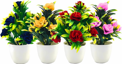 Ryme Multicolor Wild Flower Artificial Flower  with Pot(15 inch, Pack of 4, Flower with Basket)