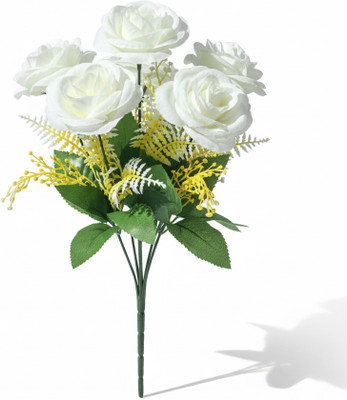 Duggu item White Artificial Roses Flower Bunch for Home Decor White Rose Artificial Flower(35 cm, Pack of 1, Flower Bunch)