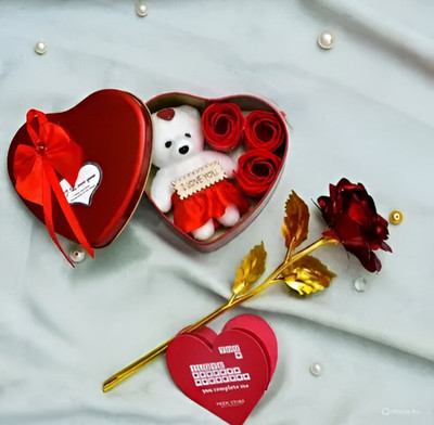 LoveGift Red Rose with Heart Shape Gift Box & Love Card || Rose Gift Set Red Rose Artificial Flower(25 cm, Pack of 1, Single Flower)