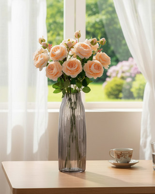 Glowhere Artificial Champagne Rose Long Stem Flowers, Real Touch, 3 Sticks for Decoration Beige Rose Artificial Flower(66 cm, Pack of 9, Flower Bunch)