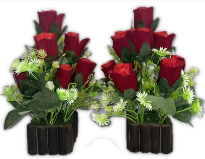 Lal Dayal Artificial Velvet Roses With Wooden Pot Pack of 2 10081404 Red, Green, White, Brown Rose Artificial Flower  with Pot(11 inch, Pack of 9, Flower with Basket)