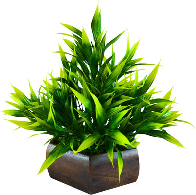 fancymart Bamboo Leave Artificial Plant Green Wild Flower Artificial Flower  with Pot(16.5 cm, Pack of 1, Flower with Basket)