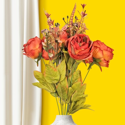 10club Artificial Peonies | Medium-Sized Orange Flowers with Leaves | 9 Stems Orange Peony Artificial Flower(11.81 inch, Pack of 9, Single Flower)