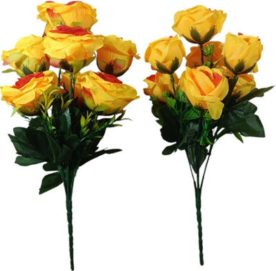 Bloom Boom 7STICKS/YELLOW.ROSE.2/ARTIFICIAL FLOWERS BUNCH Multicolor Rose Artificial Flower(35 cm, Pack of 2, Flower Bunch)