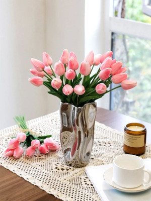 spaklearc Pink, White Tulips Artificial Flower(34 cm, Pack of 5, Flower Bunch)