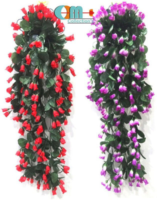 OM COLLECTIONS Artificial Creepers hanging flower Red, Purple Rose Artificial Flower  with Pot(34 cm, Pack of 3, Vine & Creepers)