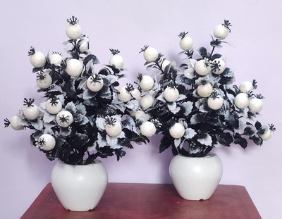 Daissy Raise White, Black Cherry Artificial Flower  with Pot(20 cm, Pack of 2, Flower with Basket)