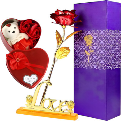 LoveGift Red Golden Rose with Love Stand & Heart Shaped Gift Box | Rose Love Gift Set Red Rose Artificial Flower  with Pot(25 cm, Pack of 1, Single Flower)