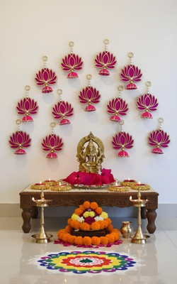 HOMEMARK Handmade MDF Wood Lotus Hangings Jhumki Pink Lotus Artificial Flower(17 cm, Pack of 6, Flower Bunch)