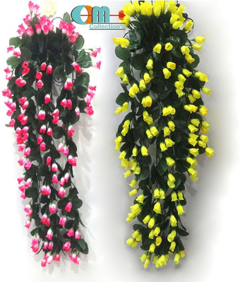 OM COLLECTIONS Artificial Creepers hanging flower Pink, Yellow Rose Artificial Flower  with Pot(34 cm, Pack of 3, Vine & Creepers)