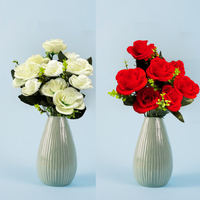 Asharya Artificial Bunch of white and Red Flowers without pot White, White Rose Artificial Flower(16 cm, Pack of 2, Flower Bunch)