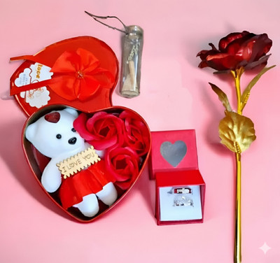 LoveGift Red Rose with Heart Shaped Gift Box | Message Pills | Couple Ring Gift Set Red, Yellow Rose Artificial Flower(25 cm, Pack of 1, Single Flower)