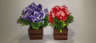 Netlox Artificial flowers with wooden pot Red & blue For Home decoration Blue, Red Chrysanthemum Artificial Flower(15 cm, Pack of 2, Single Flower)