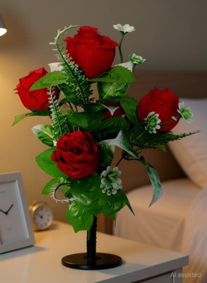 oms Artificial Flower bunch for Home decor (5 Heads) Red Rose Artificial Flower(30 cm, Pack of 1, Flower Bunch)