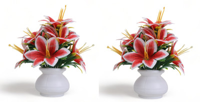 KanRaj Multicolor Lily Artificial Flower  with Pot(6 inch, Pack of 2, Flower with Basket)