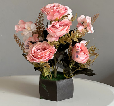 Litleo Wooden Pot with Multi-Design Dry Perfect Home Office Gift, Elegant Décor Delight Pink Rose Artificial Flower  with Pot(26 cm, Pack of 1, Flower with Basket)