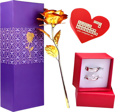 LoveGift Golden Rose Gift with Couple Ring Gift Box & Love Card | Romantic Gift Set Gold Rose Artificial Flower  with Pot(25 cm, Pack of 1, Single Flower)