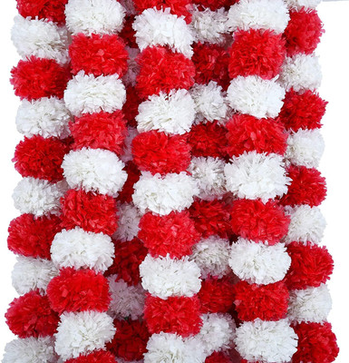 PARTY MIDLINKERZ Red & White Marigold Garland Artificial Flowers/Genda Phool Mala/Ladi for Decor Red, White Marigold Artificial Flower(60 inch, Pack of 5, Garlands)