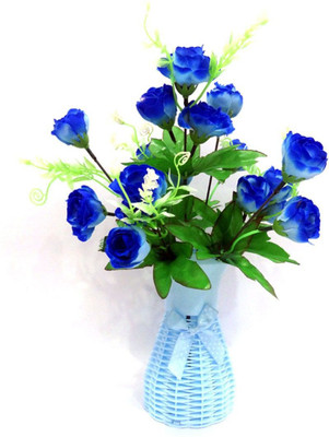 OM COLLECTIONS Artificial Onion Rose Blue Rose Artificial Flower  with Pot(13 cm, Pack of 3, Flower Bunch)