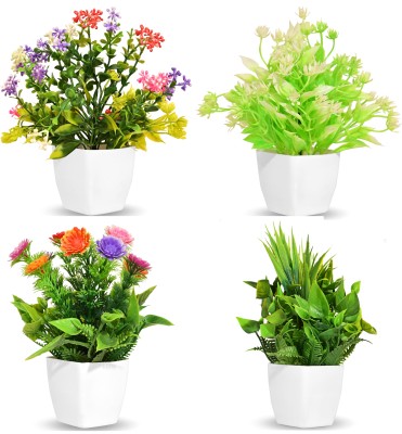 Anuash Flowers with Pot table Decoration use for Gift to your loveone, Multicolor Wild Flower Artificial Flower  with Pot(5.9 inch, Pack of 4, Flower with Basket)