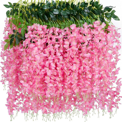 MotiRaj Artificial Flower Wisteria Hanging Vine for Home Decoration Pink, Green Westeria Artificial Flower(109 cm, Pack of 12, Vine & Creepers)