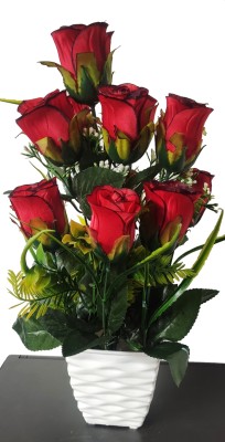 BAARIG Beautiful Imported Red Rose Artificial Flower  with Pot(15 inch, Pack of 12, Flower with Basket)