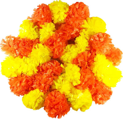 SOMUDEE Orange, Yellow Marigold Artificial Flower(60 cm, Pack of 5, Garlands)