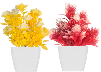 Ryme Set Of 2 Small Artificial flowers With Pot/Vase Red Wild Flower Artificial Flower  with Pot(15 cm, Pack of 2, Flower with Basket)