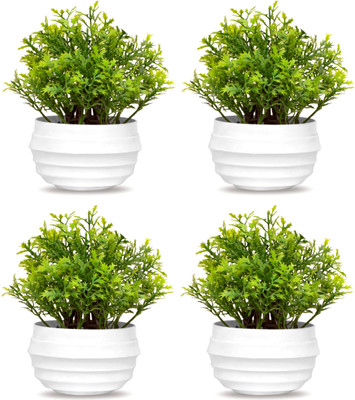 GOVIC Set of 4 Pcs Artificial Coriander Leaf Green Grass Flower Plant, Green Wild Flower Artificial Flower  with Pot(5.5 inch, Pack of 4, Flower with Basket)