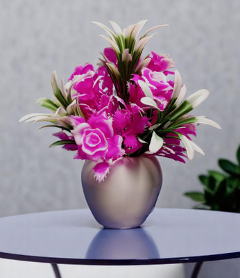 oms Artificial Rose Flower Pot Apple Shaped for Your Home Decoration Pink, White Rose Artificial Flower  with Pot(22 cm, Pack of 1, Flower with Basket)