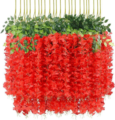 well art gallery Artificial Flower Wisteria Hanging Vine for Home Decoration Artificial Plant(110 cm, Red)