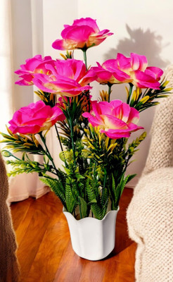 oms Paper Rose Artificial Flower Pot for Indoor Home Decoration Pink Rose Artificial Flower  with Pot(40 cm, Pack of 1, Flower with Basket)