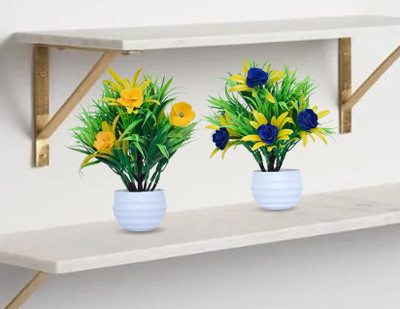RisEmpire Artificial flower Plant For Home/Office Table Decoration or Gift ( Pack of 2) Blue, Yellow Rose Artificial Flower  with Pot(7.2 inch, Pack of 2, Single Flower)