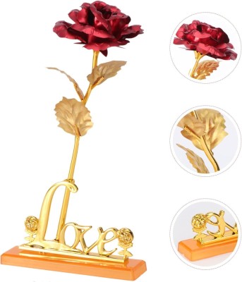 Menka Artificial Golden Red Rose With Love Stand Couple Gift Set With Box & Bag Red, Gold Rose Artificial Flower(12 cm, Pack of 1, Flower with Basket)