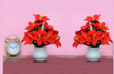 S-Biv Artificial Flowers Plants For Decor Home Office & Shop Table Red Lily Artificial Flower  with Pot(5 inch, Pack of 2, Flower with Basket)
