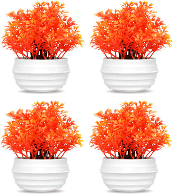 GOVIC Set of 4 Pcs Artificial Orange Coriander Leaf Grass Flower Plant, Orange Wild Flower Artificial Flower  with Pot(5.5 inch, Pack of 4, Flower with Basket)