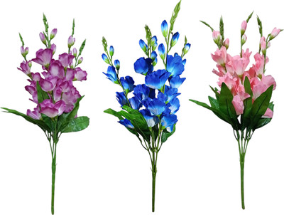 Bloom Boom Gladiolus_artificial flower bunch 5.Stick for home decoration Blue, Pink, Purple Gladiolus Artificial Flower(24.5 cm, Pack of 3, Flower Bunch)