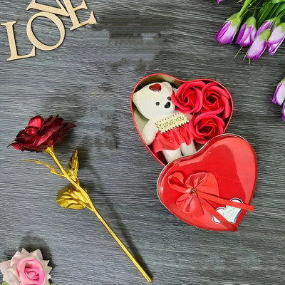 LoveGift Red Golden Rose with Heart Shaped Gift Box | Rose Love Gift Set Red Rose Artificial Flower(25 cm, Pack of 1, Single Flower)