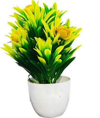 SKIDecor Artificial Yellow Rose with Green & Yellow Leaves in White Ceramic Pot Yellow, Green Rose Artificial Flower  with Pot(17 cm, Pack of 1, Flower with Basket)