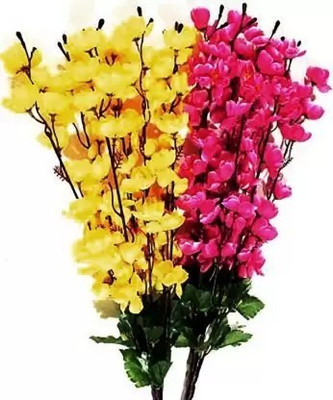 Procyon Pink, Yellow Orchids Artificial Flower Pink, Yellow Orchids Artificial Flower(22 inch, Pack of 2, Flower Bunch)