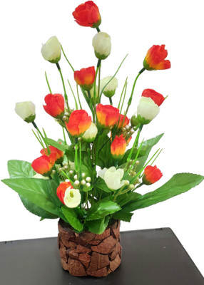 BAARIG Multi Goli with Stylish Coconut Brown Pot Orange, White Rose Artificial Flower  with Pot(12 inch, Pack of 30, Flower with Basket)