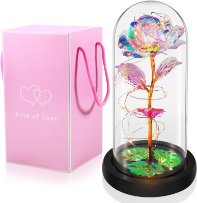 Dwiti Enterprise Artificial Flower Rose Gift Led Light On Galaxy Rose Light Up in Glass Dome Multicolor Rose Artificial Flower  with Pot(11.5 cm, Pack of 1, Single Flower)