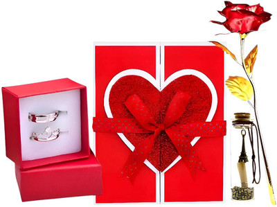 LoveGift Red Rose Gift Set with Couple Rings, Message Pills & Love Card Red, Gold Rose Artificial Flower(25 cm, Pack of 1, Single Flower)