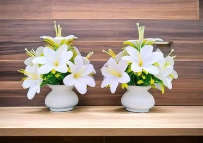 AartPush White Lily Artificial Flower  with Pot(18 cm, Pack of 2, Flower with Basket)