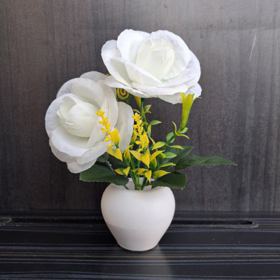 clotheer Super White Rose Artificial Flower  with Pot(18 cm, Pack of 1, Flower with Basket)