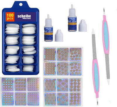 Scheibe 100 pcs White Nails, 2 pcs Nail Glue, 2 pcs Nail Filer and 3 Sheets Stickers Multicolor(Pack of 100)