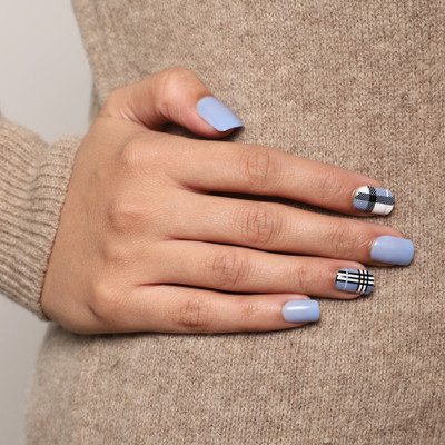 Lick - Press on Nails Artificial NailsSet Glossy Light Blue Blue With Checkered Print(Pack of 30)
