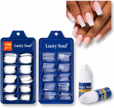 Lusty soul NEW 200-Piece Artificial Nails 100 White & 100 Transparent with 2 Glue White, Transparent(Pack of 200)
