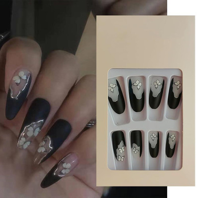 S.A.V.I 24 PCs Butterfly Print Fake Nails, Black Long Round, Press-On with Adh Black(Pack of 24)