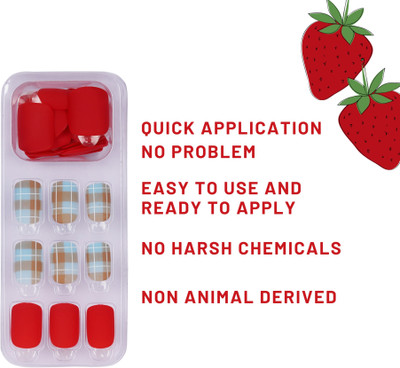 Lick - Press on Nails 12 Pcs Matte Red Acrylic Nails Set Nail Art Artificial/False Nails Extension Matte Red With Checkred Light Blue(Pack of 12)